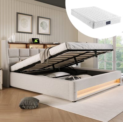 MEUNIQ gestoffeerd tweepersoonsbed 140x200 cm met LED, 2 USB-poorten, opbergruimte en lattenbodem, bedframe voor slaapkamer in beige