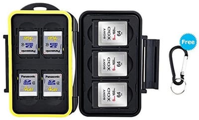 Waterdichte geheugenkaarthouder voor 4 SD en 3 XQD/CFexpress kaarten met karabijnhaak