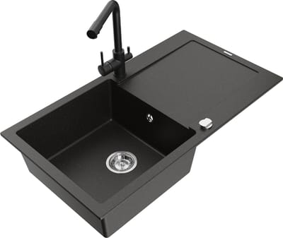 Mexen Leo granieten spoelbak 1-koer met afdruiprek en Duero keukenkraan, zwart/goud metallic - 6501-75-671600-70