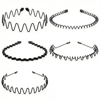 Set metalen haarbanden zwart – 5 stuks flexibele haar accessoires voor dames en heren – spiraal haarband, zigzag haarband, golf haarband & mix modellen