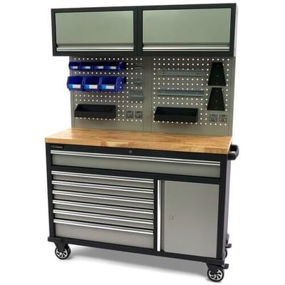 HBM werkbank 136 cm verrijdbaar met 7 laden, deur en kastenwand, inclusief accessoires, grijs