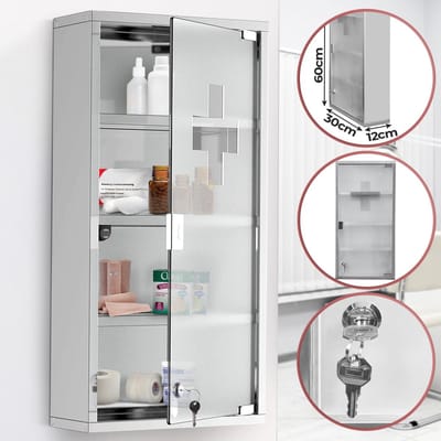 Jago - Afsluitbare Medicijnkast met 4 Vakken en een Glazen Deur met een stalen constructie - Medicijnkast/EHBO kast/Apotheekkast - 30x12x60 cm - Zilver