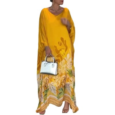 Robe Longue Élégante Imprimé Floral Maxi Robe à Manches Chauve-souris Ourlet Irrégulier pour Femmes pour Fêtes Rendez-vous Occasions Spéciales Coupe Ample M jaune