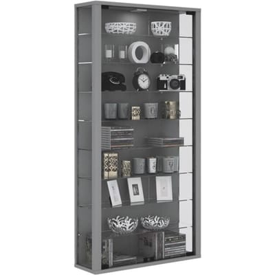 Wandkast Vitrosa Maxi - B 590 x D 180 x H 1140 mm  - met LED-verlichting - 8 legborden - glas en hout - zilver