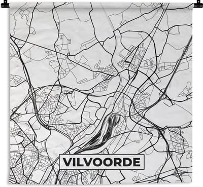 Wandkleed - Wanddoek - Zwart Wit – België – Plattegrond – Stadskaart – Kaart – Vilvoorde - 180x180 cm - Wandtapijt