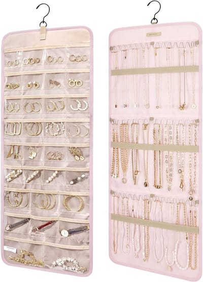 Famanu – Sieradenorganizer om op te hangen, grote opbergrol met metalen haken, dubbelzijdig voor oorbellen, kettingen en ringen, rose