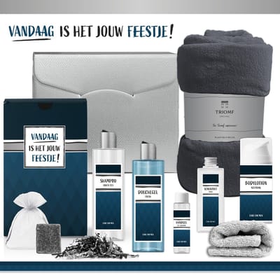 Geschenkset "Vandaag is het jouw feestje!" - 8 Producten - 1325 Gram | Giftset voor hem - Luxe cadeaubox man Zilver - Fleece deken grijs - Verjaardag - Jubileum - Pensioen - Wellness Pakket - Cadeau set - Afscheidsfeest werk - Vriend Collega - Blauw