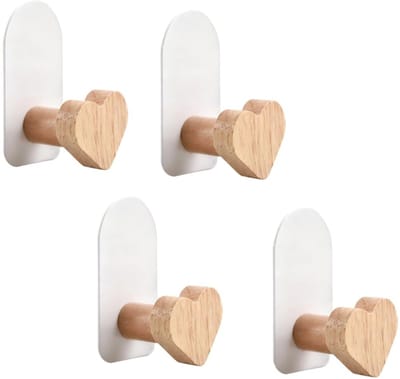 Dailygoods- Handdoekhaken Set van 4 - Wandhaken Zelfklevend - Antislip - Houten/IJzeren Wandhaken - Nagelvrije Installatie - Sterk Draagvermogen