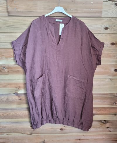Comfortabele linnen jurk met zakken en raglan mouw , kleur BRUIN, maat 44