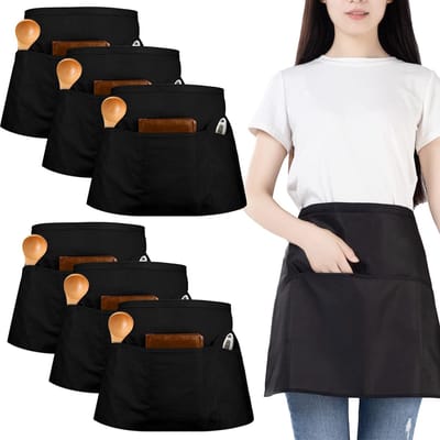6 Stuks Tailleschort, Serveersterschort met 3 Zakken, Waterdichte Halve Schort voor Mannen en Vrouwen, Koksschort voor Koken, Schoonmaken, Schilderen, Tuinieren, Bistro, Restaurant