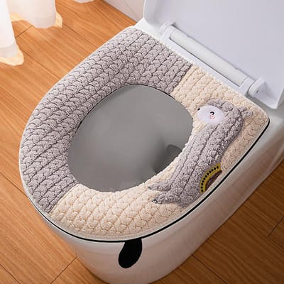 Coussin de siège de toilette zippé pour la maison Toutes saisons Universel Peluche Poignée Housse de couvercle de toilette Accessoires de toilette de salle de bain grise