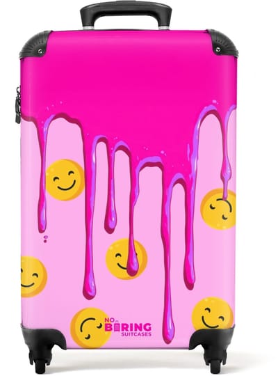 NoBoringSuitcases.com - Koffer - Druipend roze verf over smiley's - Past binnen 55x40x20 cm en 55x35x25 cm - Trolley handbagage - Valiezen met wieltjes volwassenen - Reiskoffer op wielen - Rolkoffer lichtgewicht
