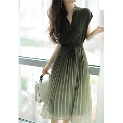 Zomer Nieuwe Graduele Verandering Groene Kraag Taille Ontwerp Geplooide Chiffon Jurk Dames Zomer Lang M black