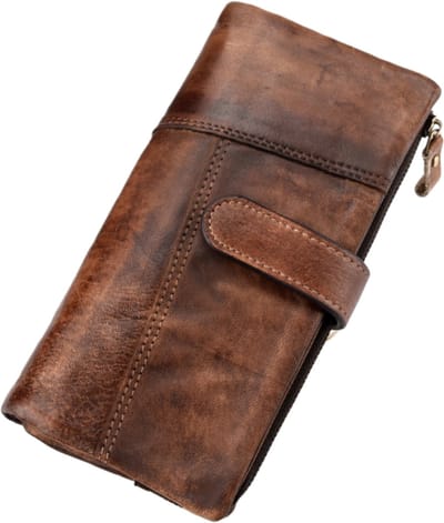 Portemonnee in vintage-stijl met een verweerde look - Echt lederen RFID anti-diefstal portemonnee - Lange portemonnee met patchwork-look - Meerdere kaartsleuven - 19,5*9,5*2,5 cm - Koffiekleur - 1 stuk
