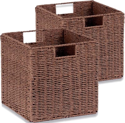 Gevlochten, Set Van 2 handgeweven opbergmanden voor planken met handgrepen, opvouwbare opbergbakken,voor kallax mand, waskamer, woonkamer, kinderkamer 28x28x28cm Walnootkleur