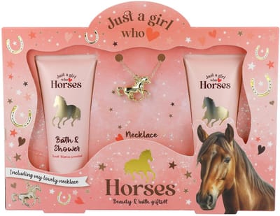 Loves Horses - Ketting - goudkleurig - Paardenhanger - Badgeschenkset - Douchegel - Bodylotion - Geschenk