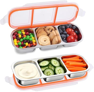 Snackbox met 3 vakken, broodtrommel, draagbare snackborden, bento snackhouder met lekvrije deksels, broodtrommel metalen lunchbox, reizen, voor snoep, specerijen