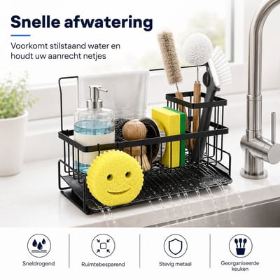 Arvion Spoelbak Organizer Aanrecht Caddy - Zwart - RVS - Zelfafvoerend - Antislip