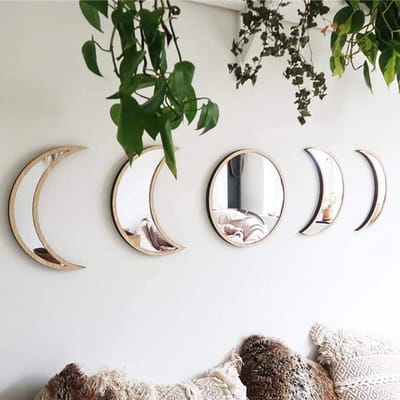 Dailygoods- Maanfase Spiegel - Wanddecoratie Hout/Acryl - 5 Stuks - Scandinavisch Design - Bohemian Stijl - Decoratieve Wanddecoratie