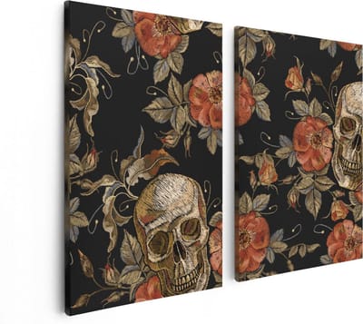 Artaza Canvas Schilderij Tweeluik Doodshoofden met Bloemen - Schedels - 80x60 - Foto Op Canvas - Canvas Print