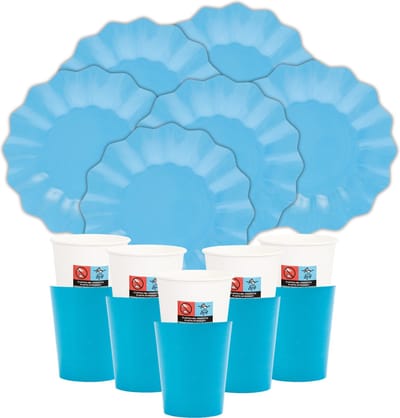 Givi Italia Feest/verjaardag gebaksbordjes/bekertjes set New Wave - 32-delig - turquoise blauw - papier/karton