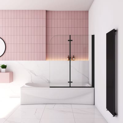 Badwand met 2 delig inklapbaar deur 100x140 cm ,6 mm helder EasyClean veiligheidsglas，mat zwarte frame