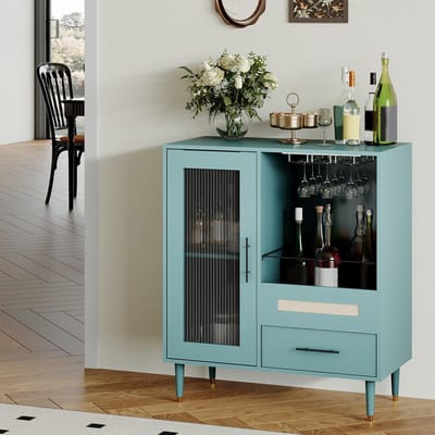 Moderne wijn- en koffiebar met deur van gehard glas – Opbergkast met lades voor in de keuken, eetkamer en woonkamer – 92 × 78 × 38 cm – groen