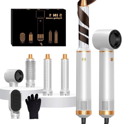Haarstyling Set - Lucht Krultang Föhn - Thuis Kapsels Maken - 5-in-1 Multifunctioneel - 1000 Watt - Wit Goud
