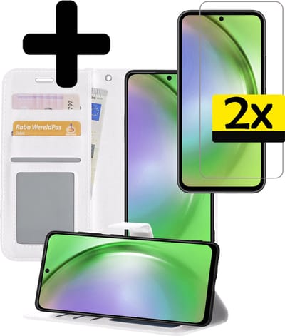 Hoesje - Met 2x Screenprotector - Geschikt voor Samsung Galaxy A54 - Luxe Pasjeshouder - Bookcase Portemonee - Flip Case - Kunstleer Book Case - Flipcase Hoes - Book Cover - Walletcase - Portemonneehoes - Telefoonhoesjes - Wit