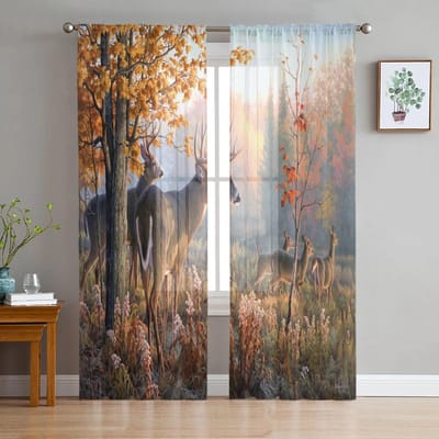 Hertenbossen Berken Esdoornblad Tule Gordijnen voor Woonkamer Slaapkamer Doorzichtig Gordijn voor Balkon Hal Mode Gedrukt Thuis Gordijnen 135W x 114H(cm) black