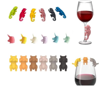 Dailygoods- Wijnglasmarker 18 Stuks - Siliconen - Drankmarker - Glazen Marker - Feest/Brunch - Schattige Patronen - 6 Kleuren/3 Motieven