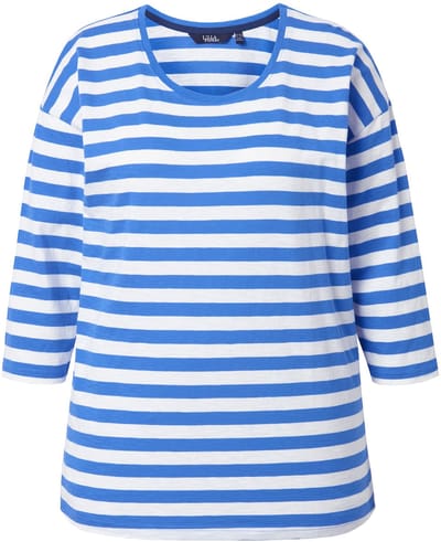 Ulla Popken - Dames - T-shirt strepen oversized ronde hals lange mouwen - Egeïsch blauw - Maat 46+
