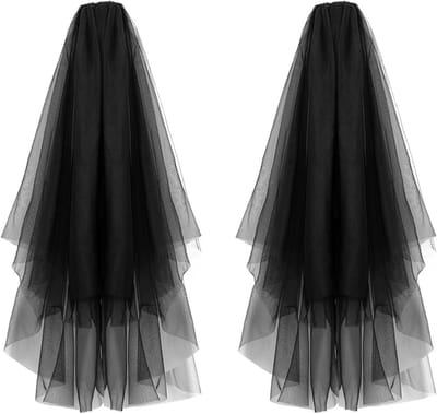Dailygoods- Lijk Bruid Sluier - 2 Stuks - Zwarte Sluier - Kostuumaccessoire - Halloween - Bruidssluier met Kam - Korte Tule Sluier