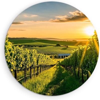 Saammp Muurcirkel Hout - Wijngaarde met zonsondergang - Natuur - Landschap - Ø 90 - Wandcirkel - Wanddecoratie Cirkel - Muurdecoratie Woonkamer - Slaapkamer decoratie - Rond Schilderij