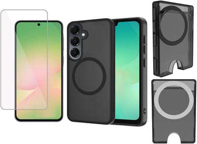 Hoesje + Pasjeshouder + Screenprotector geschikt voor Samsung Galaxy A17 5G / A26 Hoesje - Portemonnee Hoesje geschikt voor MagSafe - Magnetisch - Gehard Glas- Creditcardhouder - Gerookt Zwart