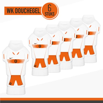 "Douchegel WK 2026" Uit Tenue fles - 6 stuks - 300 ml | Uniek Voetbal Cadeautje Nederlands Elftal Uittenue Shirt Tekst Volkslied NL Nederland Gift Showergel Sport Uitdeel Cadeau Wedstrijd Toernooi Voetbalfeestje Voetballer Uitdeelcadeautje Oranje