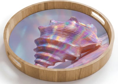 Dienblad rond 40x40 cm - Schootdienblad hout - Schelp - Glanzend - Regenboogtinten - Borrelplank rechthoek - Plateau houten dienbladen