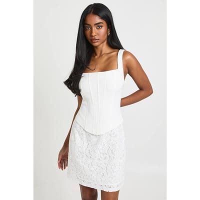boohoo Dames Bandjes Korset Kant Rok Mini Jurk | Wit | Maat: 36