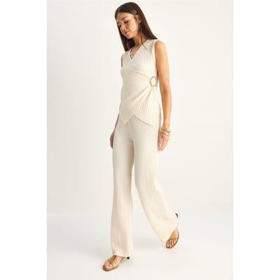 Geribbelde Mouwloze Blouse En Brede Pijpen Broek Set