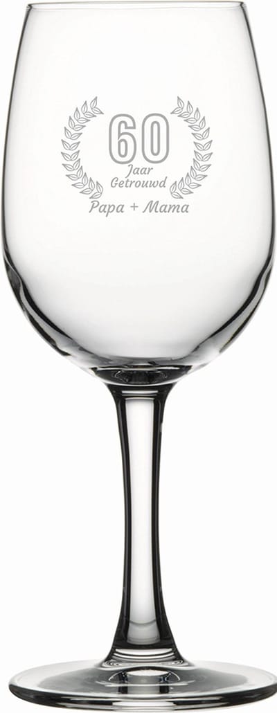 Gegraveerde witte wijnglas 26cl Papa + mama 60 jaar getrouwd
