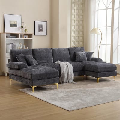 BLACKCOLORS (Oude referentie: W1880S00028)Grote moderne hoekbank van chenille met dubbele verstelbare zitting voor woonkamer, slaapkamer, kantoor, appartement, villa, salon, huis bij de open haard