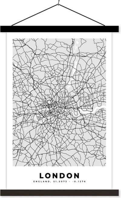 Posterhanger incl. Poster 40x60 cm - Schoolplaat - Londen - Stadskaart - Plattegrond - Zwart Wit - Kaart - Textielposter - Zwarte latten - Stadskaart