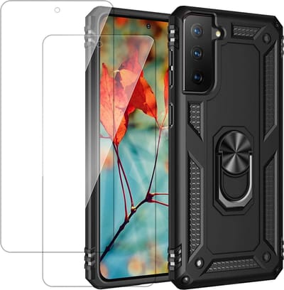 HB Hoesje Geschikt voor Samsung Galaxy S21 Zwart - Anti-Shock Hybrid Armor Back Cover - Hoes met Kickstand Ring & 2X Glazen Screenprotector
