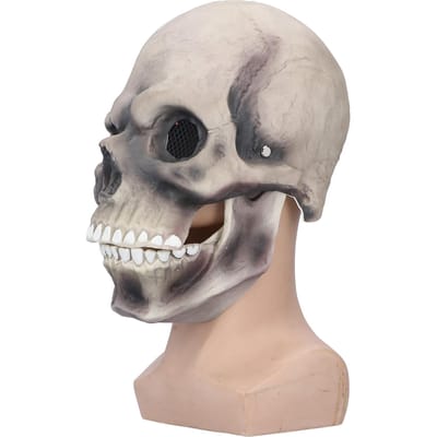 Masque de Crâne Effrayant d'Halloween Adulte Tête Entière Casque de Crâne en Latex Yeux Lumineux avec Mâchoire Mobile gris foncé