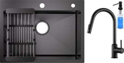 CECIPA max 60x45cm Spoelbak Met Keukenkraan - Spoelbakken Keukenkraan Met zeepdispenser - RVS Spoelbak Keuken - Wasbak met waterafvoersysteem - Antraciet/Gun Metal