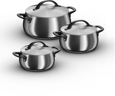 BergHOFF Home Belly Kookpannen Set 6-delig – Ø 18, 20 & 24 cm – Duurzame Rvs Kookpot met Deksel – PFAS-Vrije Casserole – Geschikt voor Inductie & Oven tot 250 °C – Smokey Black