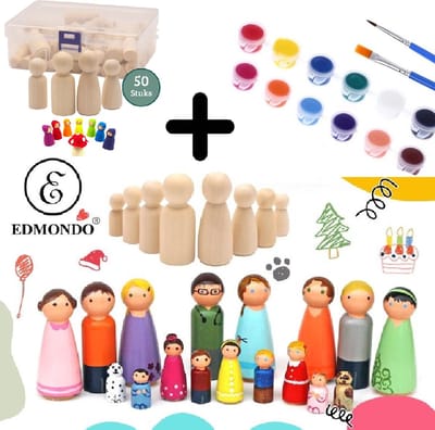 EDMONDO Peg dolls - 50 stuks - Blanco houten pionnen poppetjes - Decoratie - Knutselen Meisjes Jongens Mensen - Knutselpakket - Home Deco - Kegelpoppetjes - Creatief - Poppenhuis - Inclusief Opbergdoos & 12 kleuren Verfset met 2 Kwasten