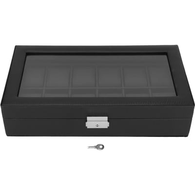 Organisateur de Montres 12 Emplacements Texture Fibre de Carbone Noire Couvercle en Acrylique Épaissi Boîte de Présentation de Montres gray