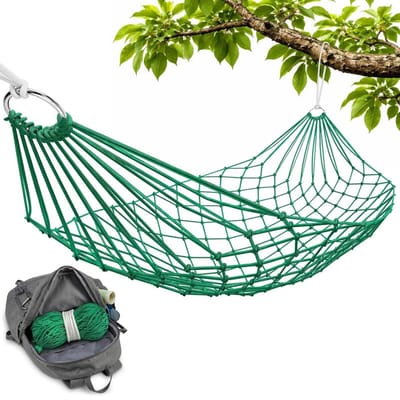 Net-hangmat – 250 x 80 cm – Draagvermogen 150 kg – Hangmat van nylontouw – Hangmat voor buiten/kamperen – Ontspannende hangmat – Zomerhangmat – Ademend – Geschikt voor buiten of op het terras
