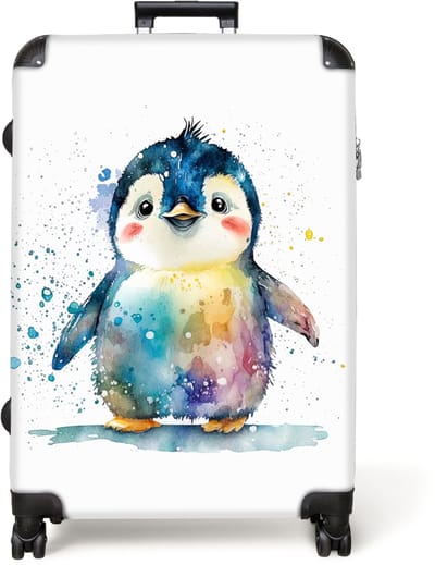 NoBoringSuitcases.com® - Koffer groot - Reiskoffer lichtgewicht - Pinguïn - Regenboog - Waterverf - Dieren - Kinderen - Rolkoffer met 4 wielen - Grote trolley XL - 98 liter bagage